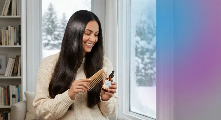Woman with healthy winter hair holding comb and serum near frosted window
